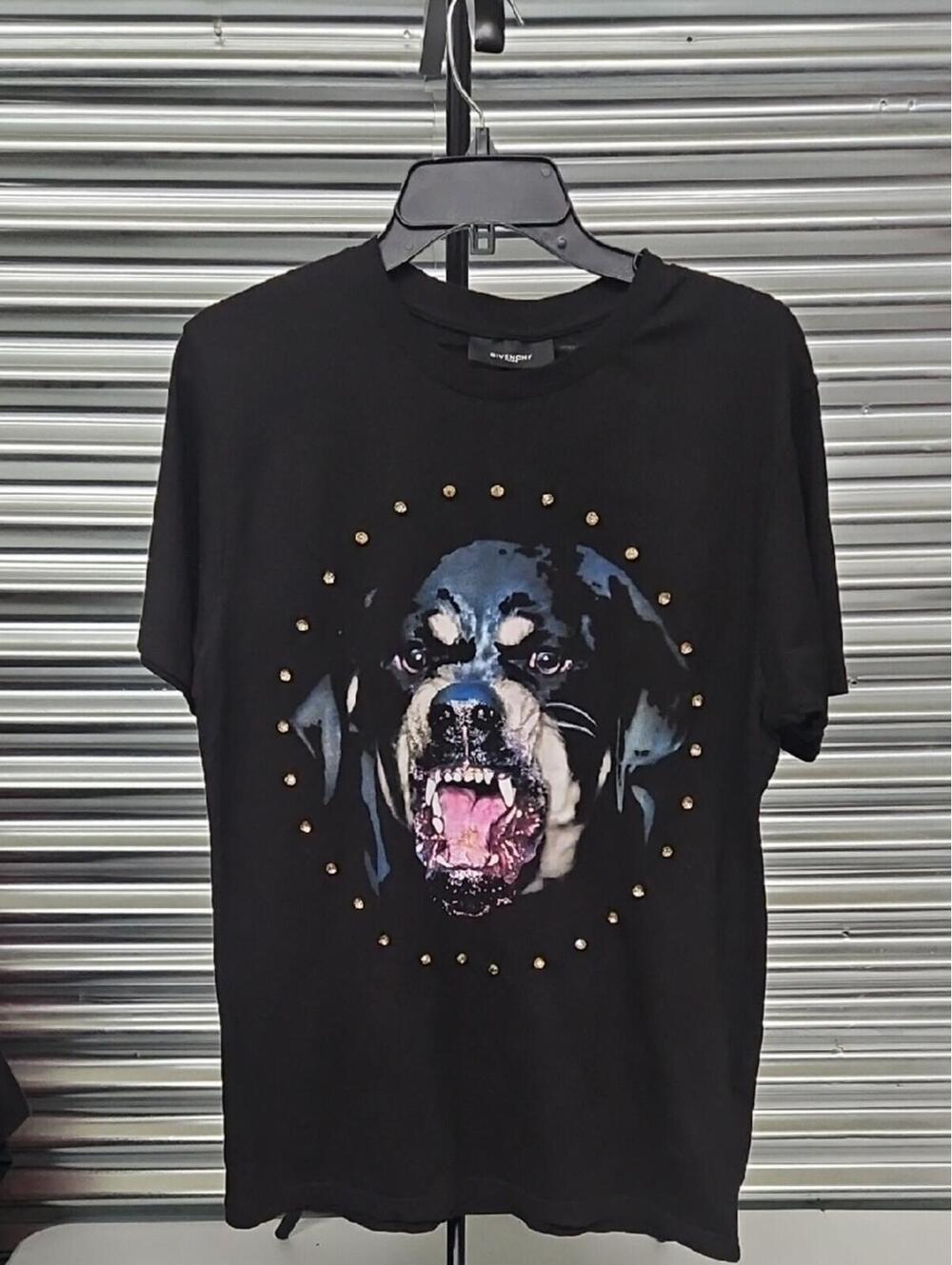 Givenchy Black Graphic Dog Tee with Gold Studs